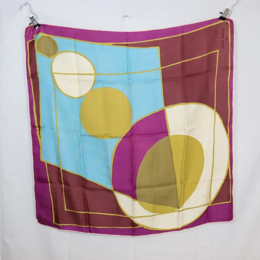 Jean Patou Silk Scarf 29x30 Multicolor Womens Geometric‎ Vintage Accessory